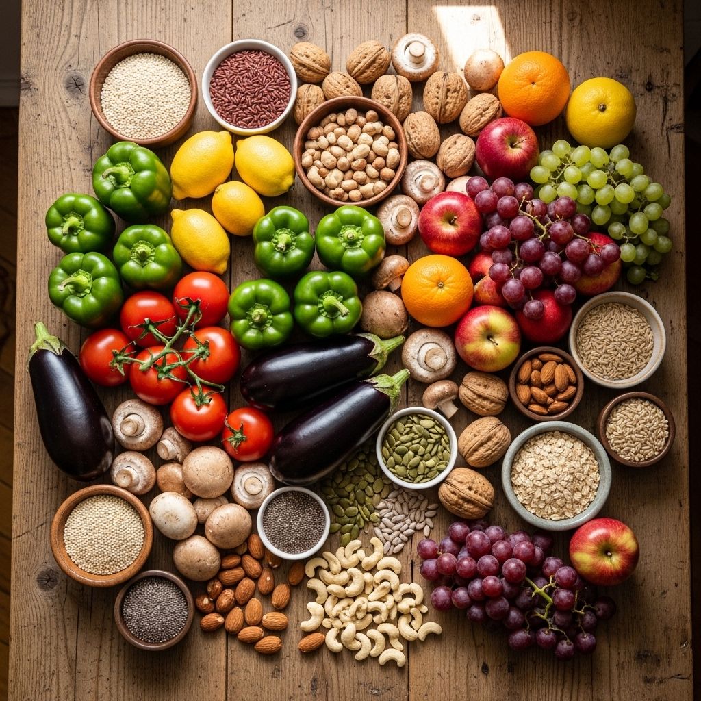 Overhead view of a wooden table with an arrangement of fresh colorful whole foods including vibrant vegetables, fruits, nuts, seeds, and grains in natural morning light