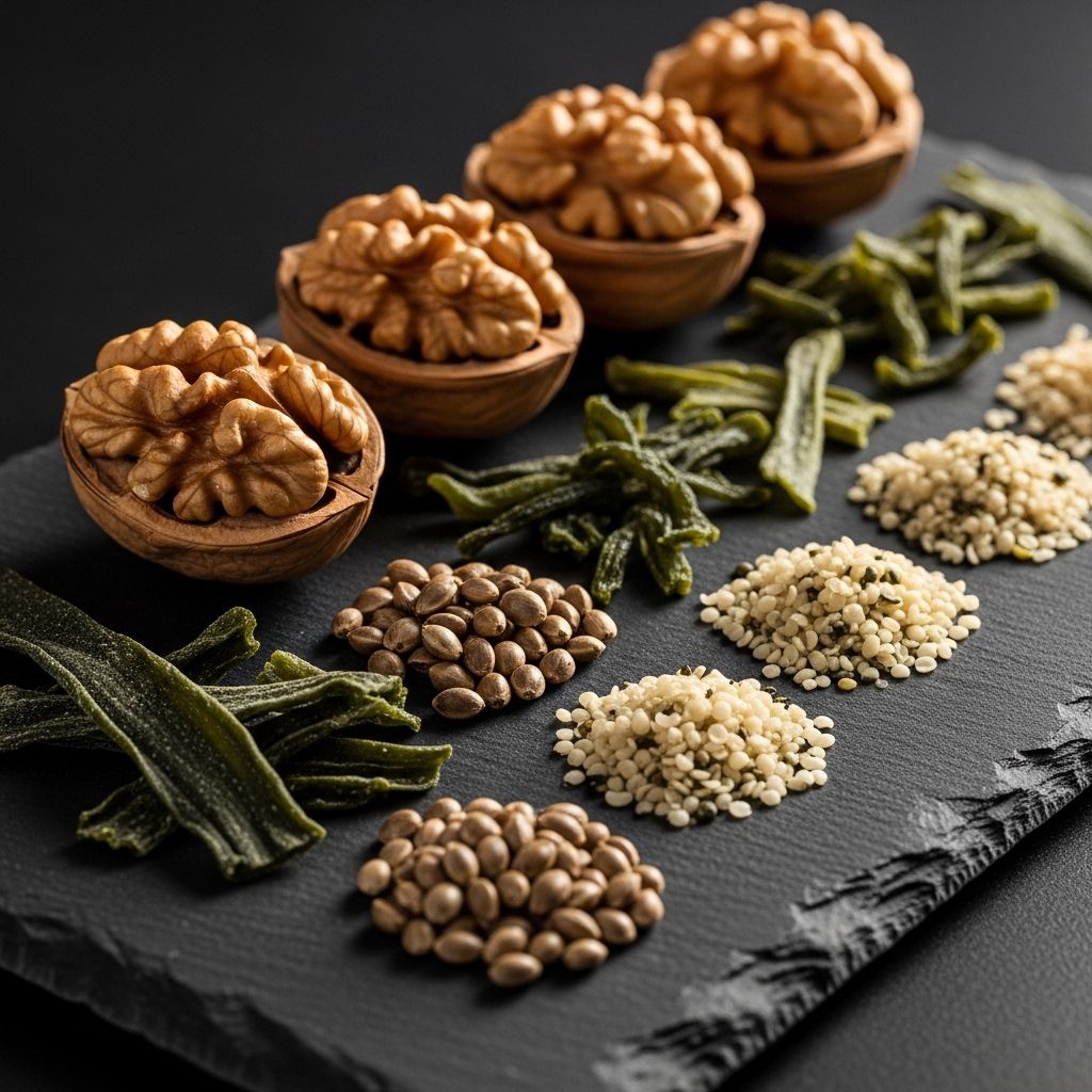 Halved walnuts, whole hemp seeds, and dried sea vegetables arranged on a dark slate board with side natural light accentuating their organic textures