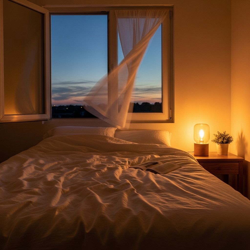 Peaceful bedroom environment at dusk with warm amber bedside lamp light, soft white bedding, and a partially open window showing a darkening sky with the last traces of sunset